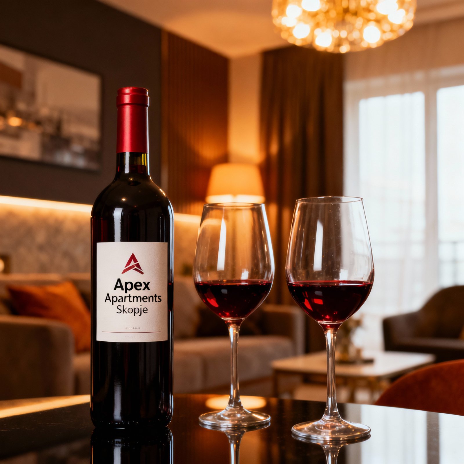 Modern living room at Apex Apartments Skopje with industrial design and comfortable seating